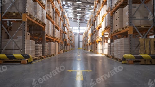 Preview: Retail warehouse full of shelves with cardboard boxes and packages