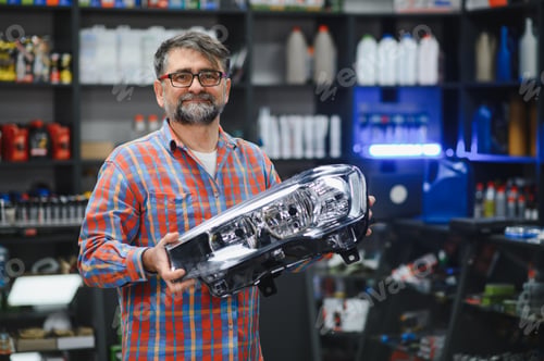 Preview: Salesman holding car headlight in auto parts store