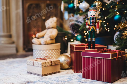 Preview: Picture of decorated Christmas or New Year tree with many gifts against home interior