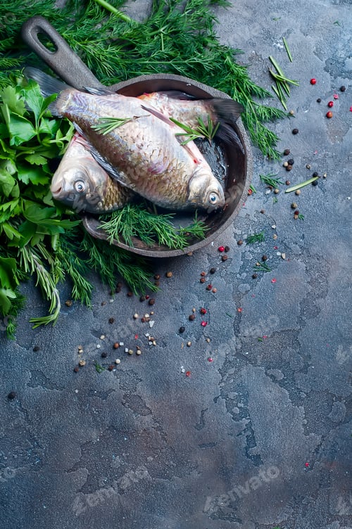 Preview: Delicious fresh fish on dark vintage background.