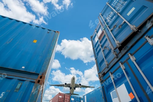 Preview: Airplane flying above logistic container. Air logistics. Cargo and shipping business. Container
