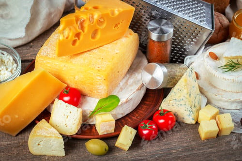 Preview: Assorted cheeses and fresh ingredients arranged on a rustic wooden table for a spread