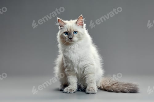 Preview: Portrait of a little white kitty on gray background, nice little kitten with big eyes , copy space