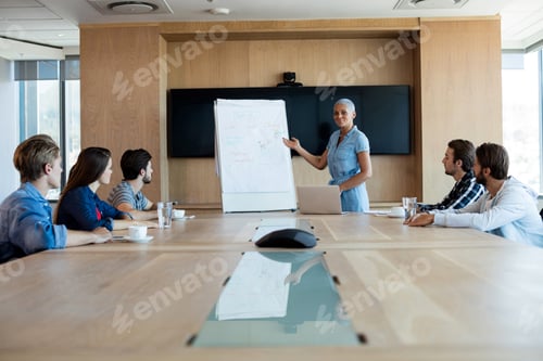 Preview: Woman giving presentation to her colleagues in conference room