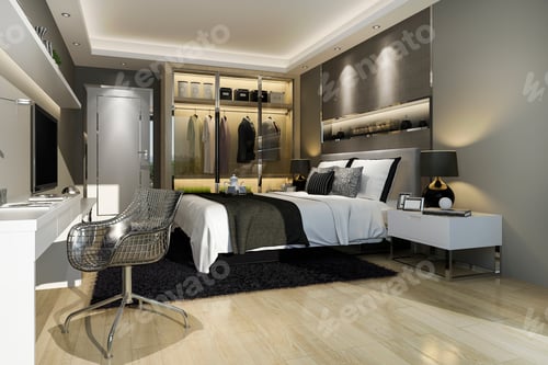 3d rendering luxury modern bedroom suite tv with wardrobe and walk in closet