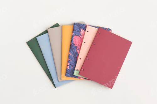 Preview: Notebooks on white background. Top view. Flat lay. Back to school concept.