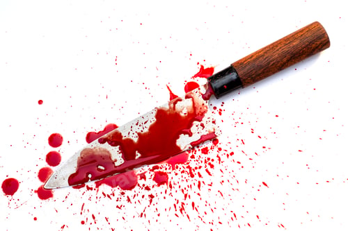 Preview: Bloodstained kitchen knife on white background