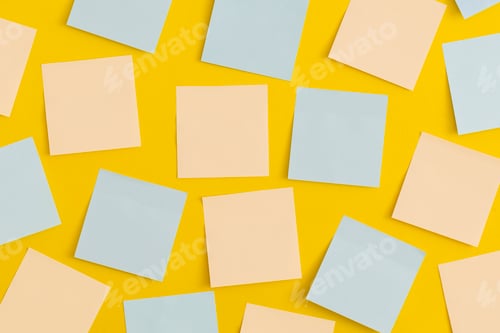 Preview: Mock up colored sticky notes on yellow background. Business concept, strategy, planning