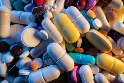 Preview: Multicolored Capsules Or Vitamins, Oral Pills And Side Effects. Pharmaceutical