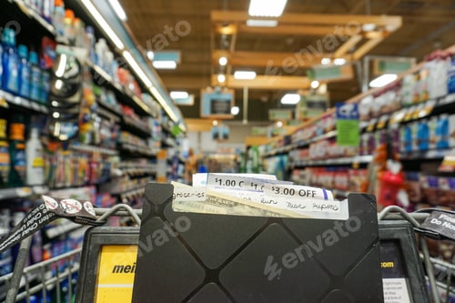 Preview: View down a grocery store isle over clipped coupons in a shopping cart