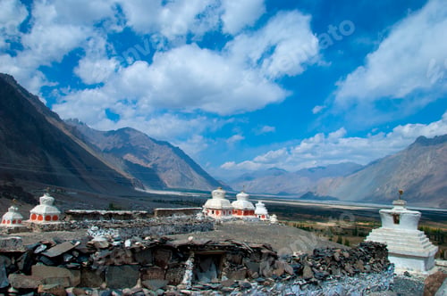 Preview: Buddhist stupa and Buddhist monastery in mountains of Ladakh, India.