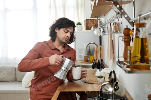 Preview: Young man with diabetes embracing daily routine in a cozy modern apartment