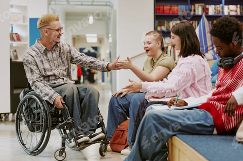 Preview: Group of Friends Interacting in Modern Library Setting