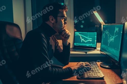Preview: Analyzing the Market In a dimly lit home office, a male trader reviews charts and indexes,