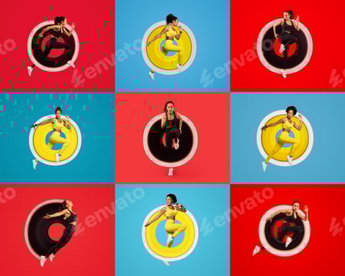 Preview: Athletic millennials engaged in fitness activities against colorful backgrounds