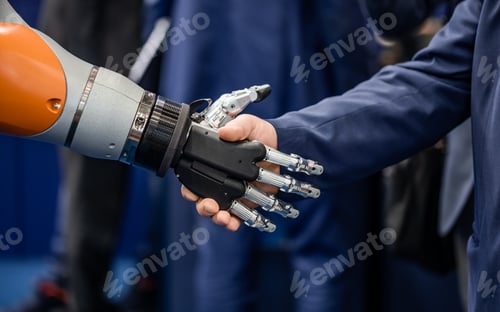 Preview: Hand of a businessman shaking hands with a Android robot.