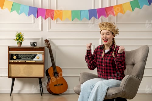 Preview: festa junina cute girl in straw hat brazilian midsummer with retro radio guitar excited