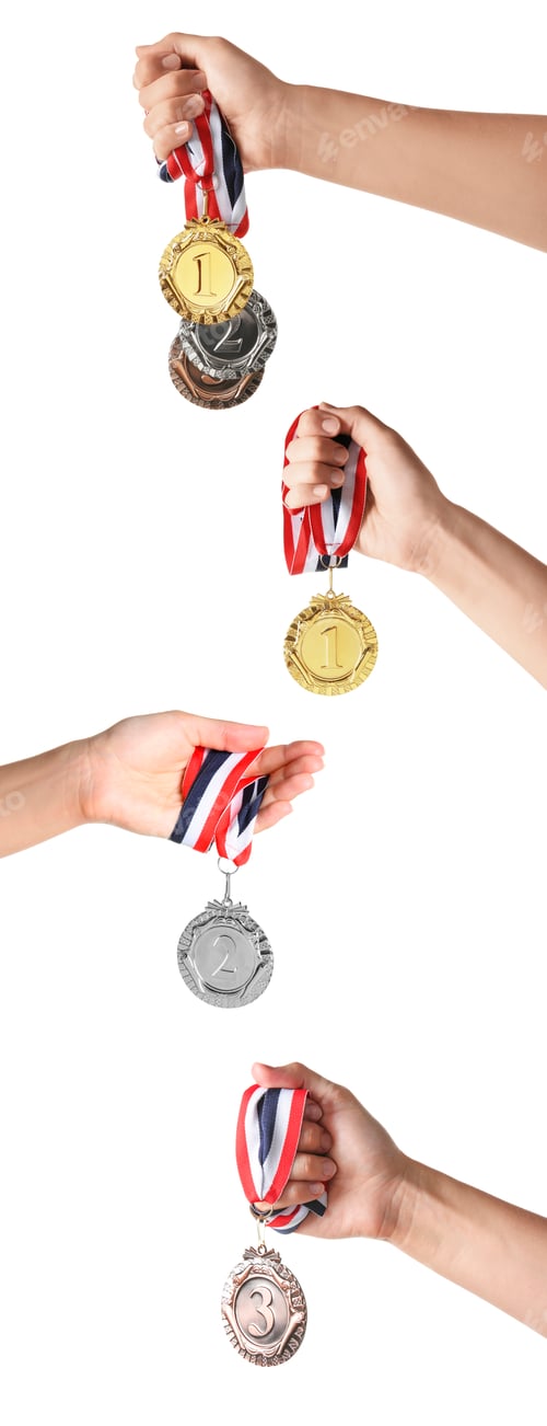 Preview: People holding gold, silver and bronze medals on white background, closeup