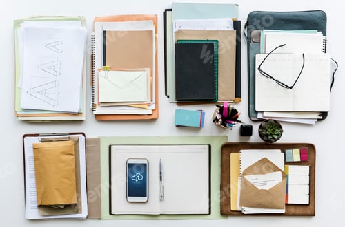 Preview: Office Desk with Notebooks and Stationery on White Table