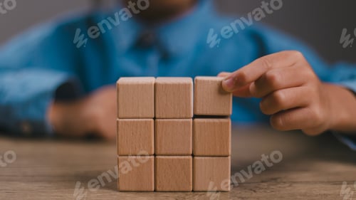 Preview: Blank wooden cubes on the table with copy space, empty wooden cubes for input wording, infographic