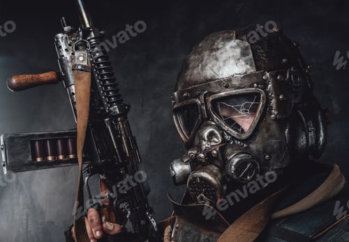 Preview: Armoured apocalyptic stalker's headshot in dark background