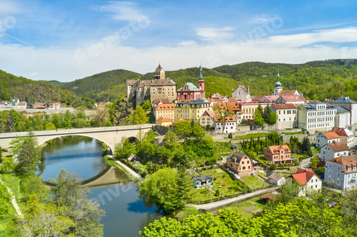 Preview: Panoramic view of Loket castle and bridge over the river Ohri , Czech Republic