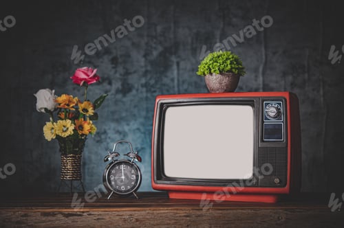 Preview: Old retro TV are still life with clocks and flower vases.