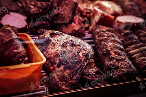 Preview: Close up of smoked meat in butcher shop