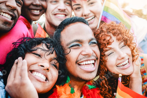 Preview: Diverse group of people celebrate LGBT pride together. Gay young community