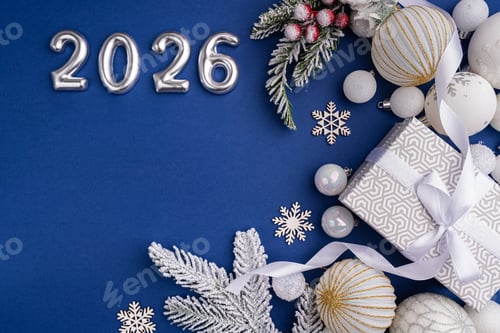 Visualização: Decoração prateada de Ano Novo 2026 com ornamentos brancos e presente
