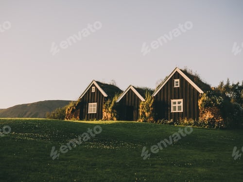 Preview: traditional icelandic houses with grass roofs on green field, Iceland