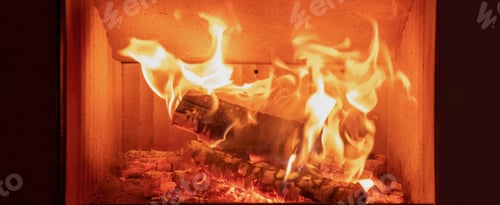 Preview: Fireplace close up, fire flame and burning wood log, warm home in winter