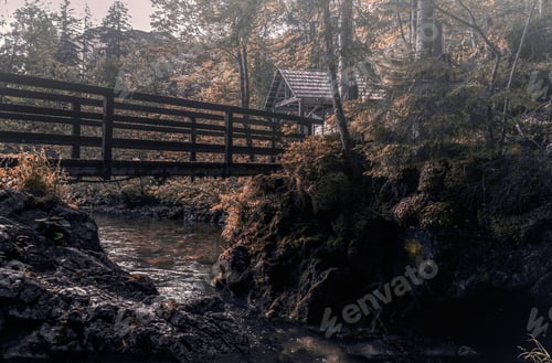 Preview: Tranquil outdoor scene featuring a bridge crossing a body of water