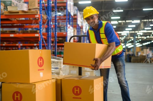Preview: Male worker wearing helmet lifting cardboard box in warehouse