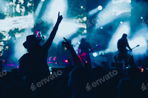 Preview: Silhouette of a woman with raised hands on a concert