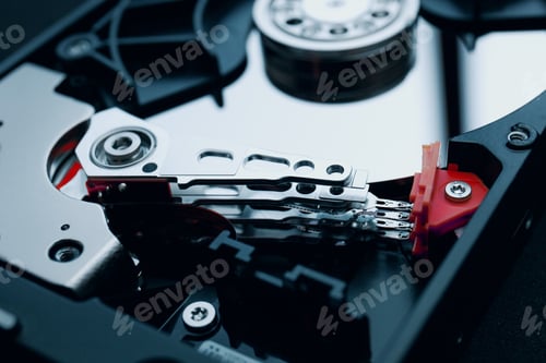 Preview: The read/write head and platter inside the hard drive, The disassembled of magnetic hard disk.