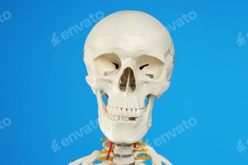 Preview: Artificial human skeleton model on blue background, closeup