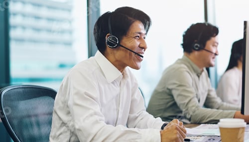 Preview: Customer service, call center and Asian man on computer in office for contact, online help and cons