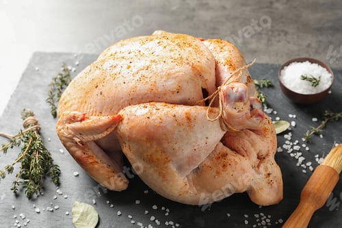 Preview: Slate plate with raw spiced turkey on table, closeup