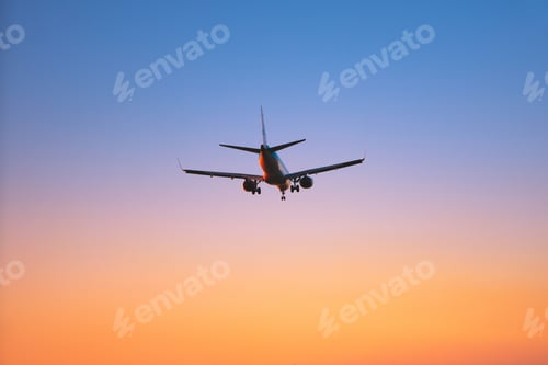 Preview: Airplane flying over colorful sunset sky landing