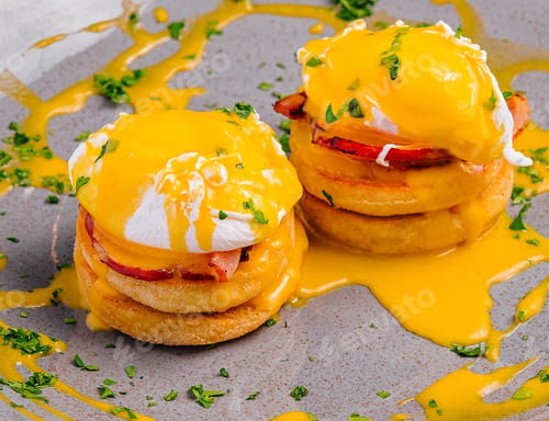 Preview: Pancakes with Poached Egg on Plate