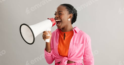 Preview: Megaphone, excited and black woman on gray background for news, announcement and information. Bullh