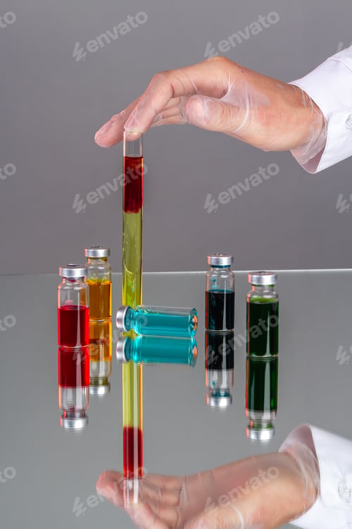 Preview: Hand with glove holding test tube with blood.