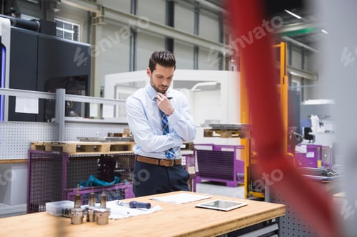 Preview: Man at table in factory shop floor thinking
