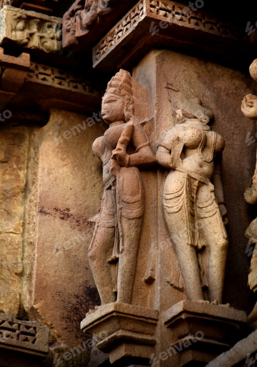 Preview: Stone carving sculptures on Khajuraho Temple, a UNESCO world Heritage site, India.
