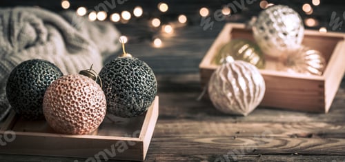 Preview: Christmas or New Year background, vintage toys on the Christmas tree