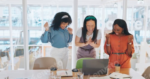 Preview: Success, high five and winner with business people at laptop cheering for celebration, support or g