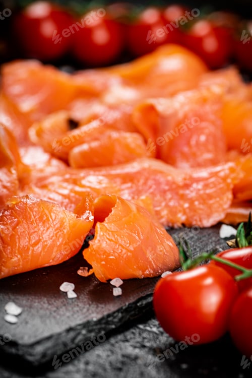 Preview: Fragrant salted salmon on a stone board.