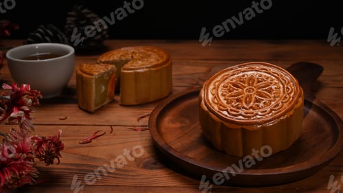 Preview: Traditional moon cakes and tea won rustic wooden table.