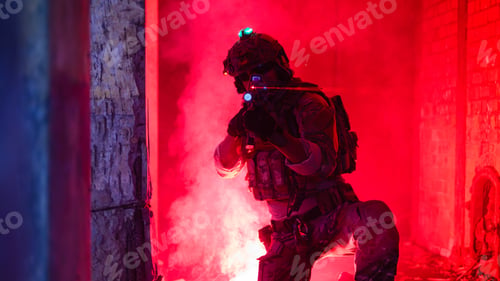 Preview: Expert team of soldiers with weapons attacking enemy during military operation, Army soldiers in